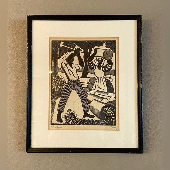 Pair of 1940s Jamaican Woodcuts by Albert Huie Titled & Signed Framed - Picture 2 of 8